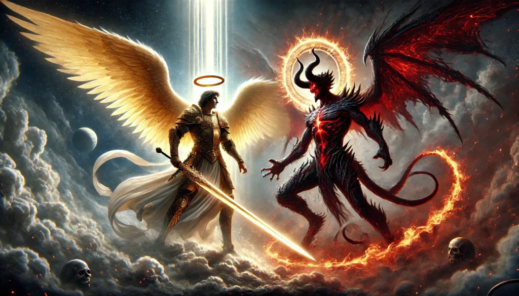 A dramatic battle scene depicting the Archangel Michael as a powerful warrior with glowing wings and golden armor, wielding a radiant sword against a dark demonic figure engulfed in fiery smoke, symbolizing the ultimate confrontation between good and evil.