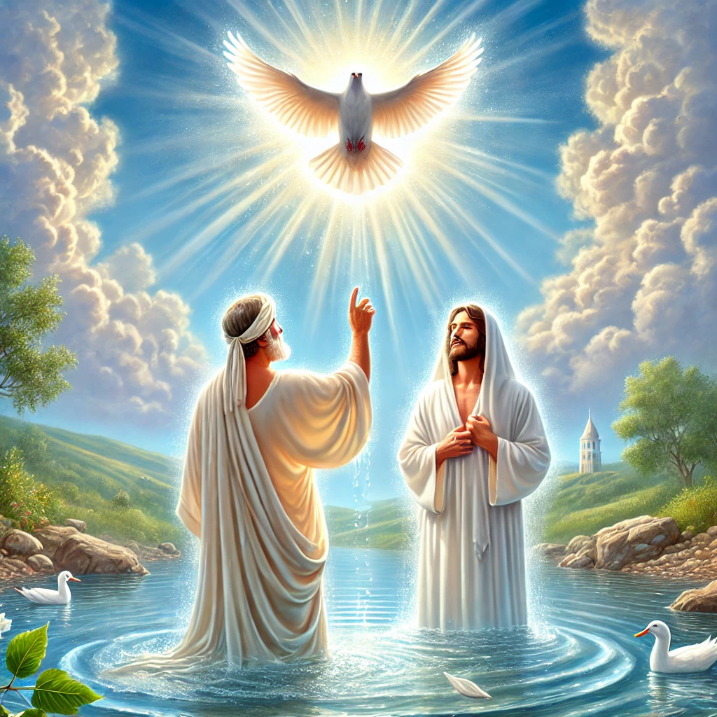 A beautiful depiction of the baptism of Jesus in the Jordan River, with Jesus standing in a simple robe as John the Baptist is beside Him. Above Jesus, a glowing white dove representing the Holy Spirit is flying, while a radiant beam of light shines from the clouds, symbolizing God the Father. The serene background features blue skies, lush greenery, and gentle water ripples, emphasizing the sacred and transformative moment.