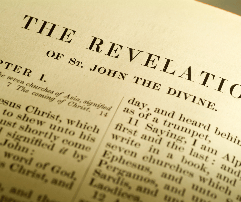 An open Bible displaying the Book of Revelation with highlighted text and dramatic lighting, symbolizing biblical prophecy and end-times teachings.