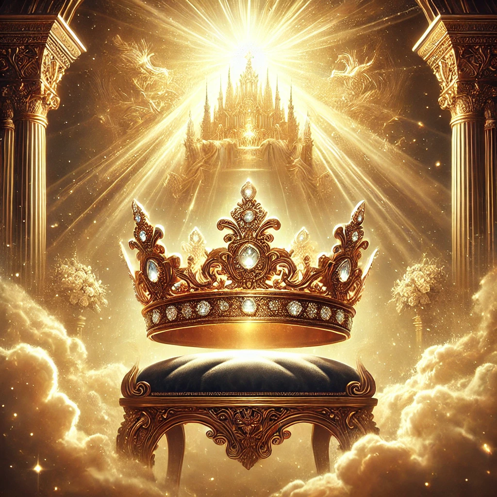 A majestic depiction of a golden crown adorned with jewels resting on a velvet cushion, alongside a radiant throne glowing with divine light. The scene symbolizes God’s sovereignty, power, and authority, with a heavenly aura of gold and white tones.