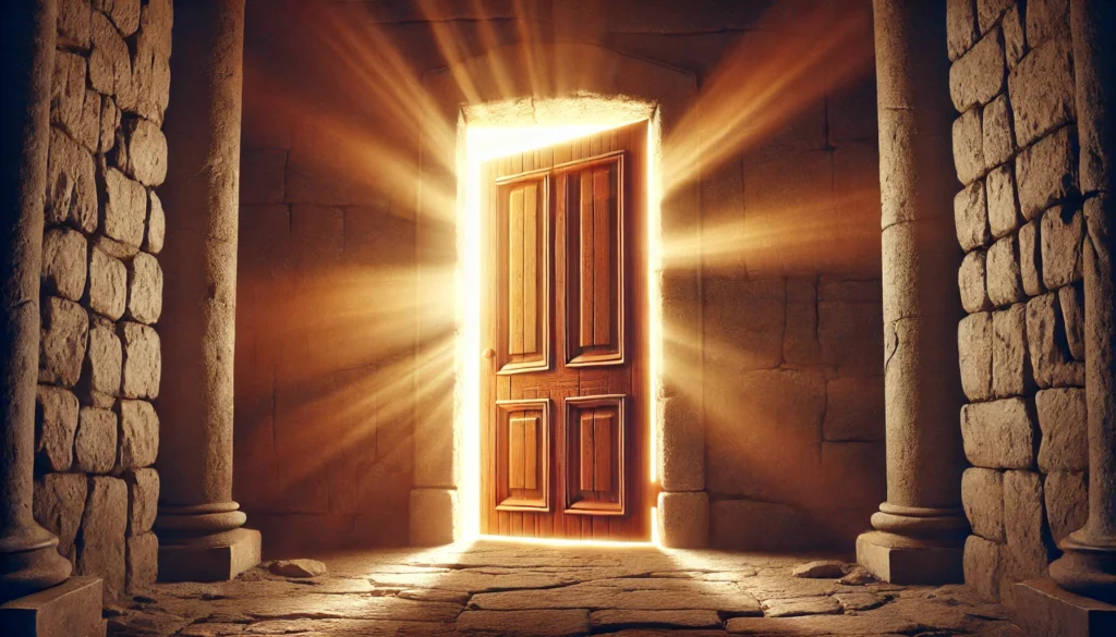 Symbolic depiction of an old wooden door set in a stone wall, with warm radiant light shining through the cracks, inspired by Revelation 3:20, evoking Jesus standing at the door and knocking.