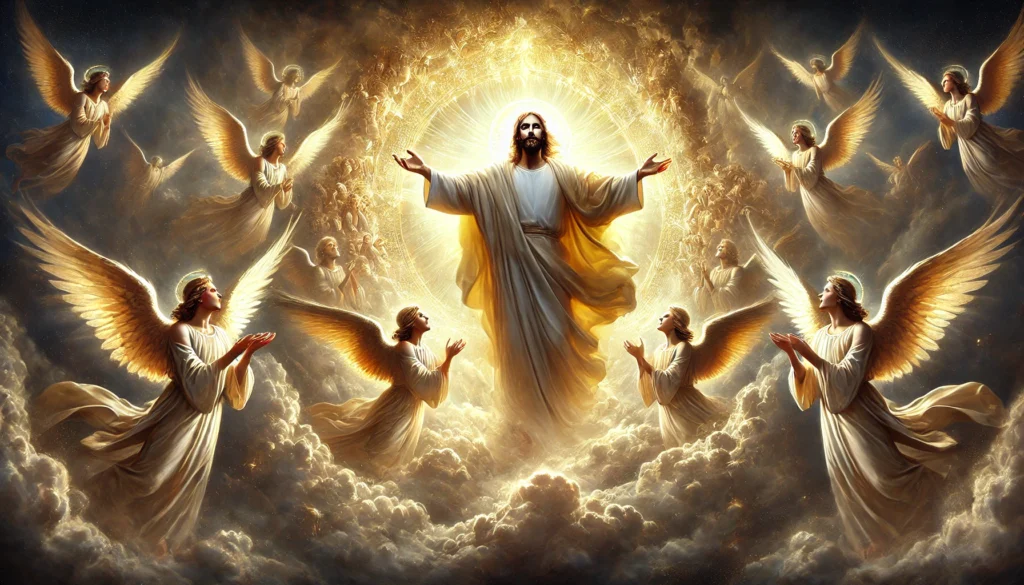 A glorious depiction of Jesus Christ appearing in the clouds with open arms, surrounded by radiant angels, bathed in divine golden light, symbolizing the Second Coming and biblical prophecy.