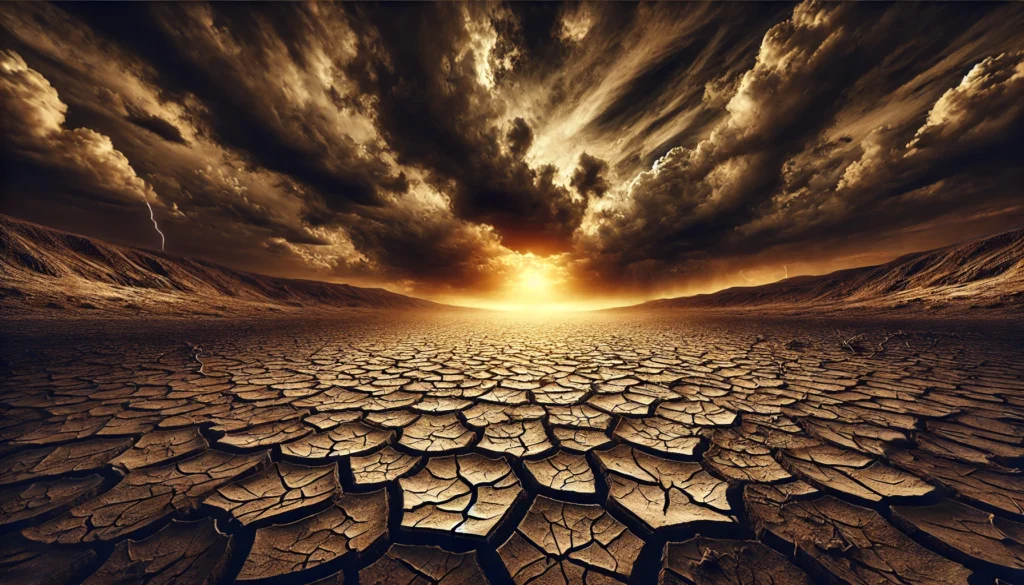 A parched, cracked earth landscape stretching into the distance under a scorching, ominous sky, symbolizing famine, drought, and natural disasters as signs of the end times.