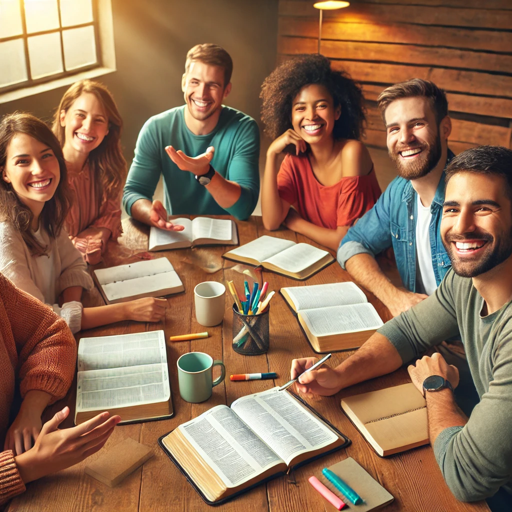 A group of diverse individuals sitting around a table, actively engaged in a Bible study discussion. They are smiling, gesturing, and taking notes with open Bibles and notebooks in front of them. The room is warm and well-lit, symbolizing community, collaboration, and shared learning