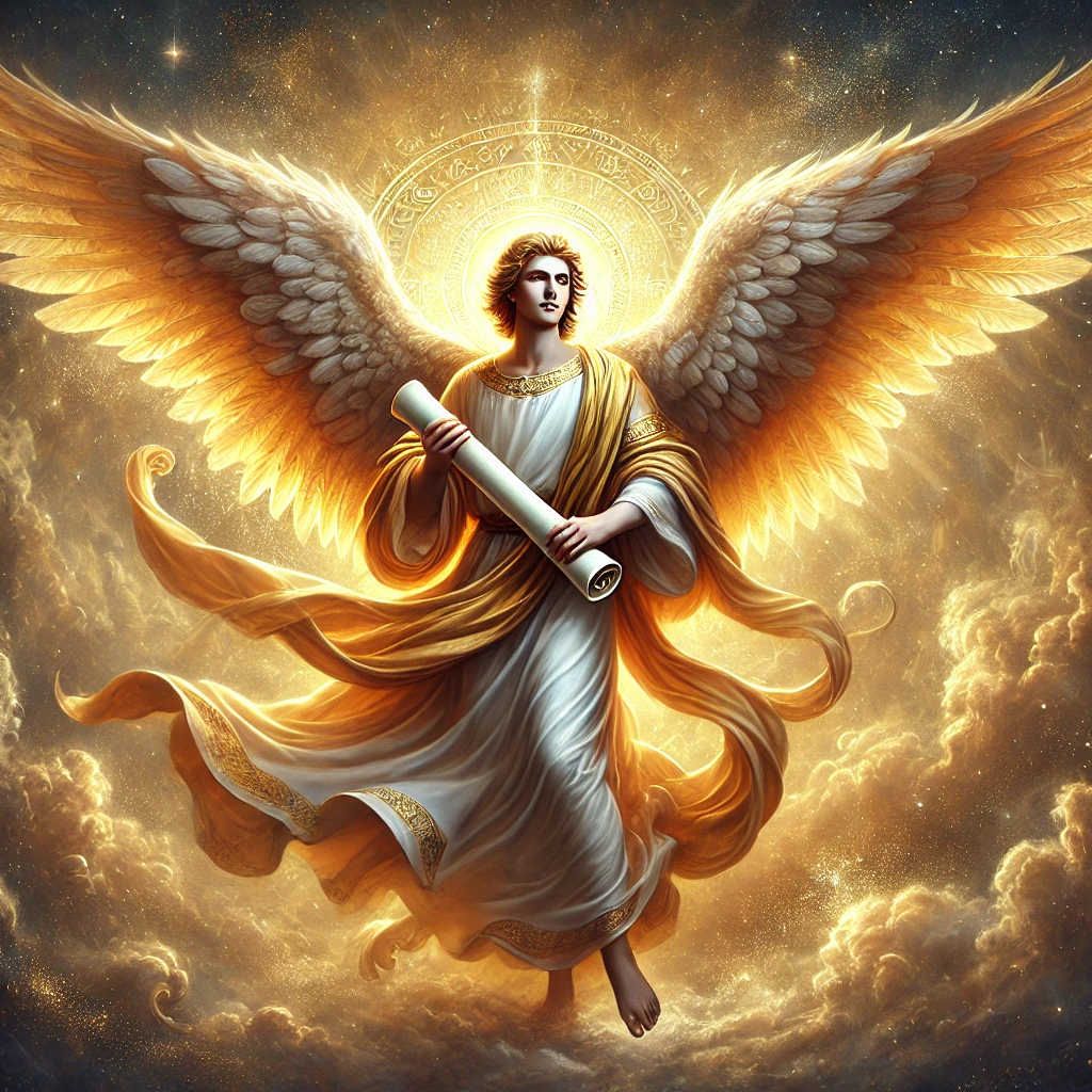 A majestic depiction of Gabriel, the Angel of God’s Announcements, holding a scroll with glowing wings and flowing robes, surrounded by a celestial, golden light.