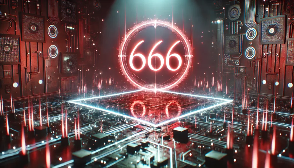 A mysterious, glowing '666' prominently displayed in a futuristic digital background, emitting an eerie red or white glow, surrounded by abstract circuitry and a dark dystopian atmosphere, evoking biblical prophecy and end-times themes