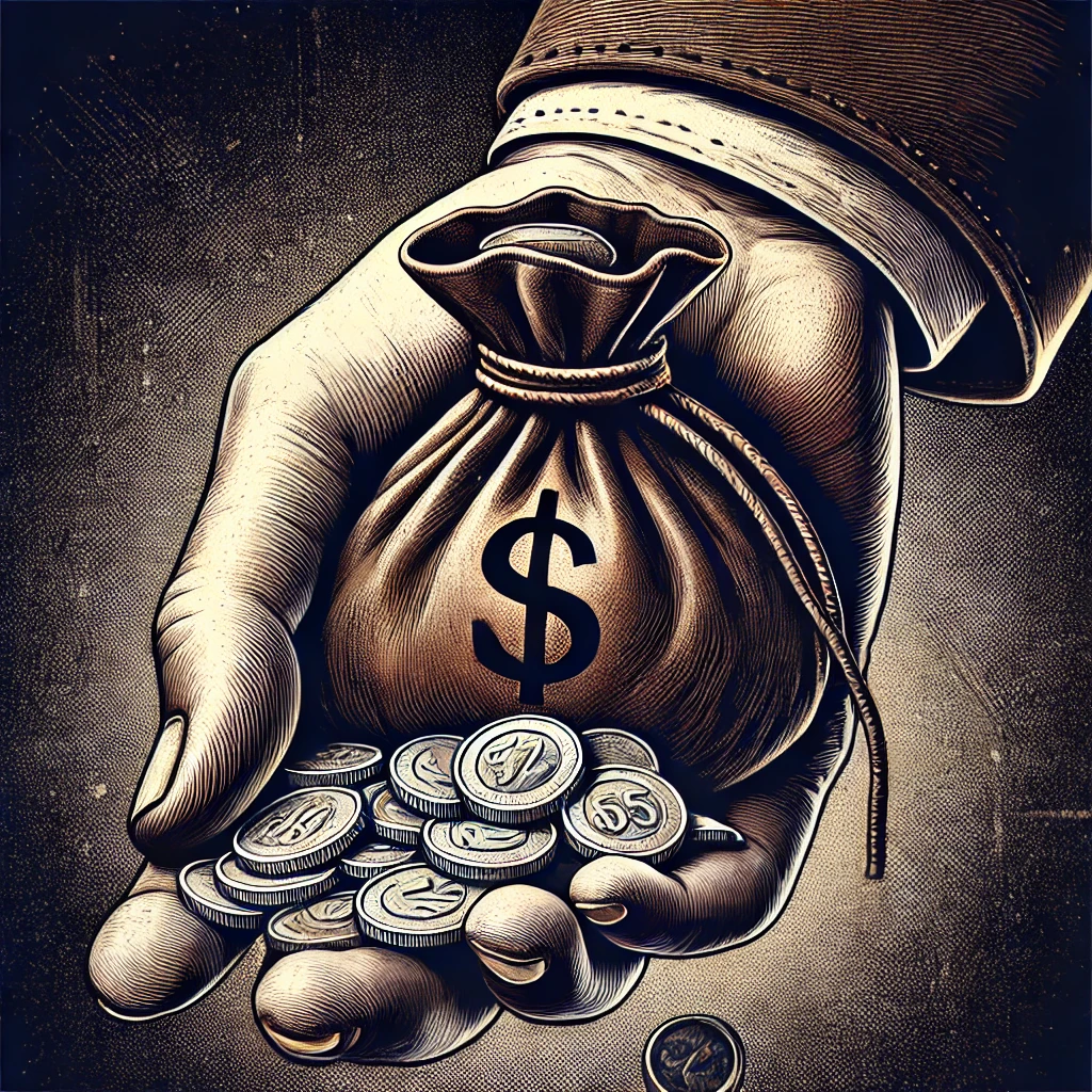 Close-up of a hand clutching a leather money bag filled with silver coins, symbolizing Judas’ greed and betrayal of Jesus