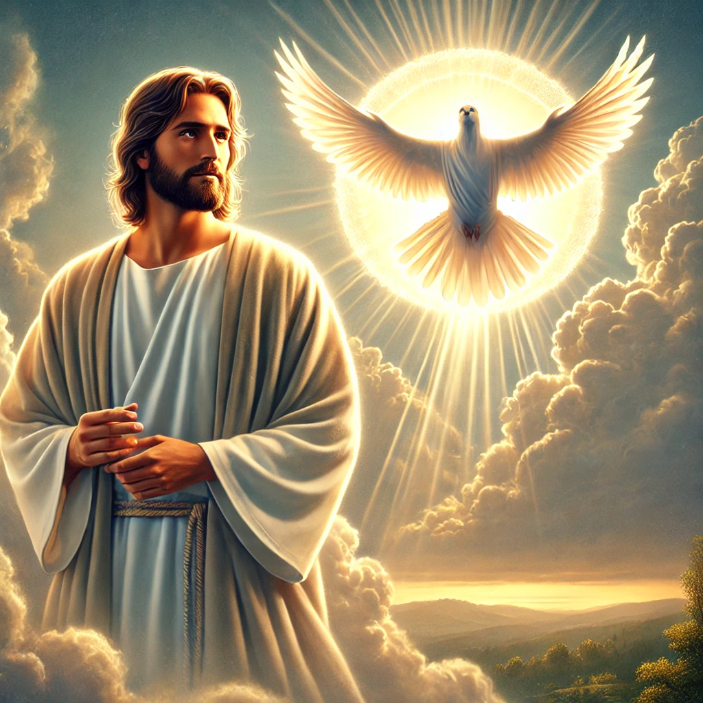 An image of Jesus on earth, wearing a simple robe with a peaceful expression. Above Him, a beautiful white dove, representing the Holy Spirit, is in flight with glowing wings. A radiant beam of light breaks through the clouds, symbolizing God the Father, creating a serene and divine scene of the Holy Trinity.