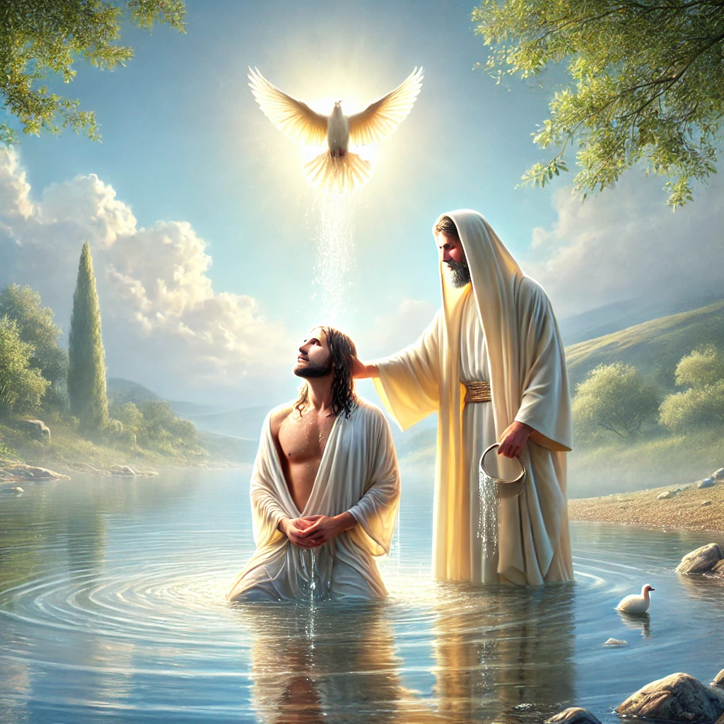 A peaceful and sacred depiction of Jesus being baptized by John the Baptist in the River Jordan, with calm water, lush greenery, and the Holy Spirit descending as a dove under a serene sky.