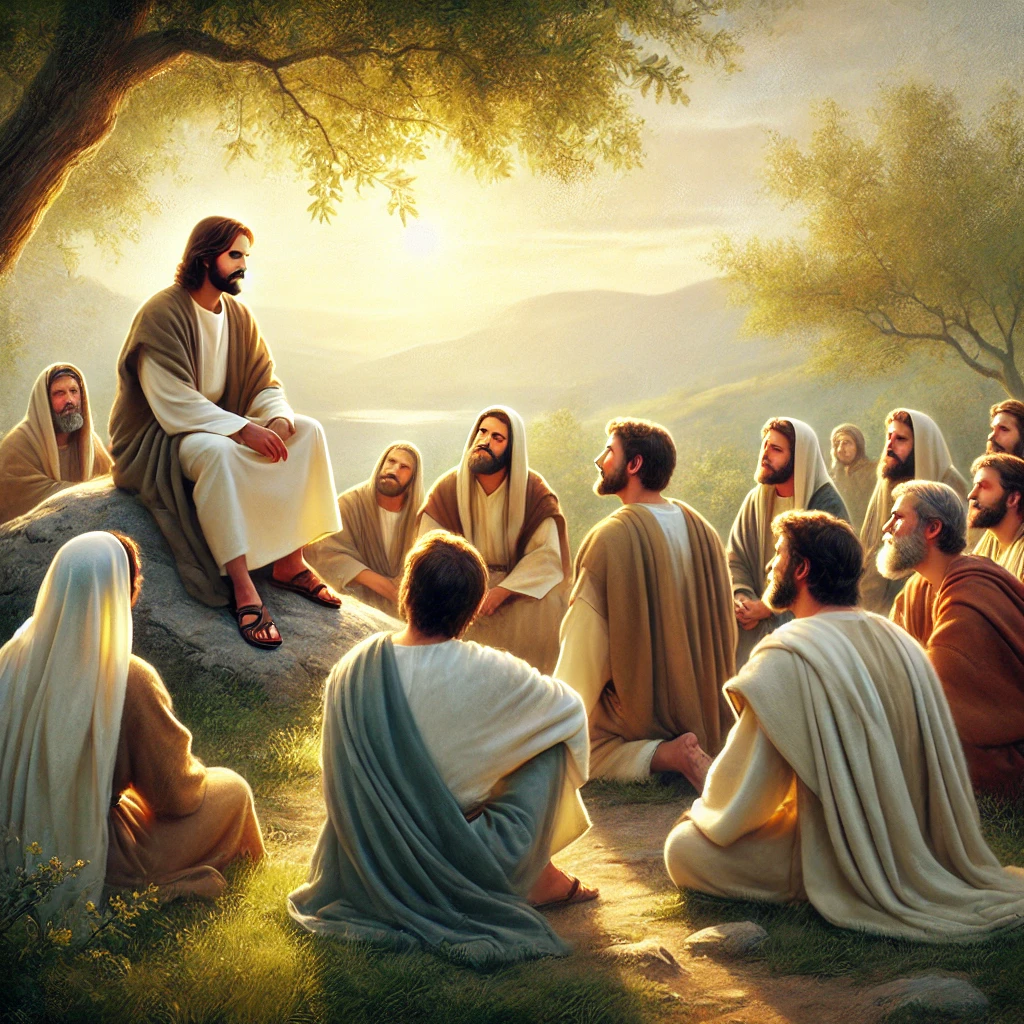 A serene biblical scene of Jesus teaching His disciples in a peaceful outdoor setting, surrounded by attentive followers, with a warm and spiritual atmosphere.