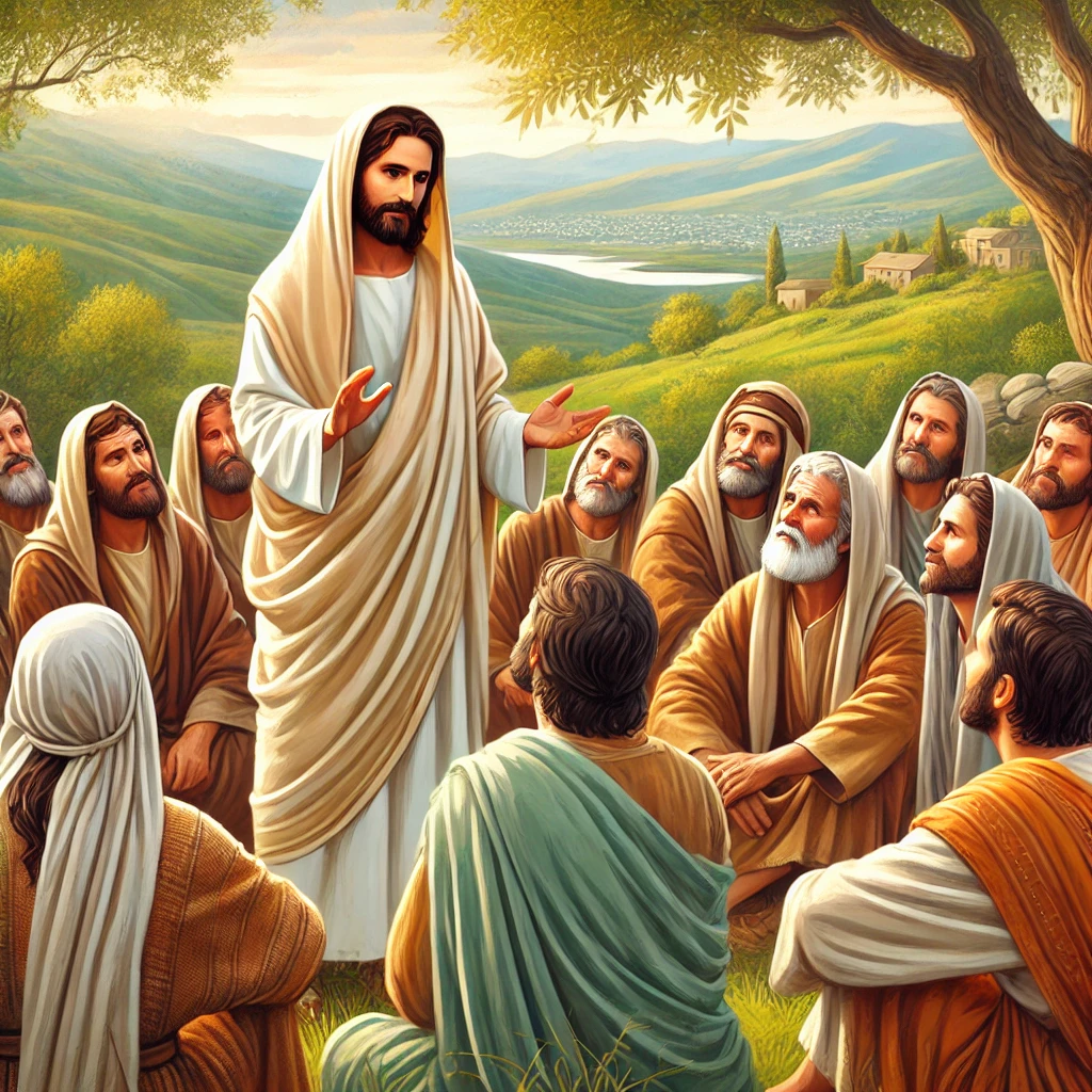 A biblical scene showing Jesus teaching the parable of the Good Samaritan to a group of attentive listeners in a serene outdoor setting.