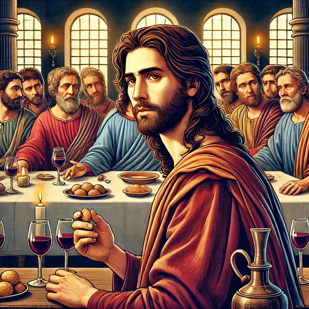 Judas Iscariot sitting among the twelve disciples during the Last Supper, holding a small money pouch, with Jesus sharing bread and wine in a solemn, traditional setting.