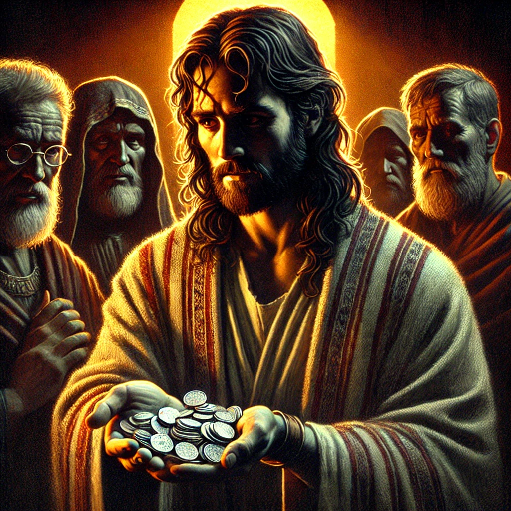 A dramatic and somber illustration of Judas Iscariot handing over thirty pieces of silver to the chief priests, symbolizing his betrayal of Jesus. Why did Judas betray Jesus?