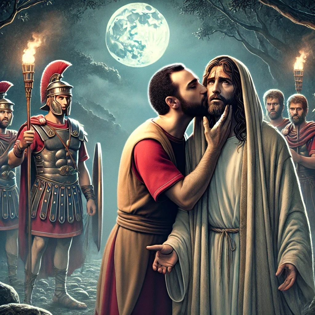 Judas kissing Jesus on the cheek in the Garden of Gethsemane, with Roman soldiers standing nearby, signaling His arrest. Judas betrayed Jesus.