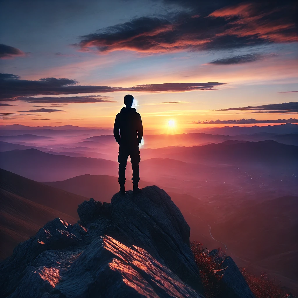 Lessons from the Death of Moses: A lone figure on a rocky mountain peak at sunrise, gazing into the horizon, symbolizing solitude and spiritual reflection.