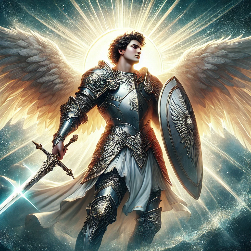 A majestic depiction of Michael the Archangel as a powerful warrior in shining armor, holding a sword and shield, standing triumphant with celestial light in the background, symbolizing his role in defeating Satan