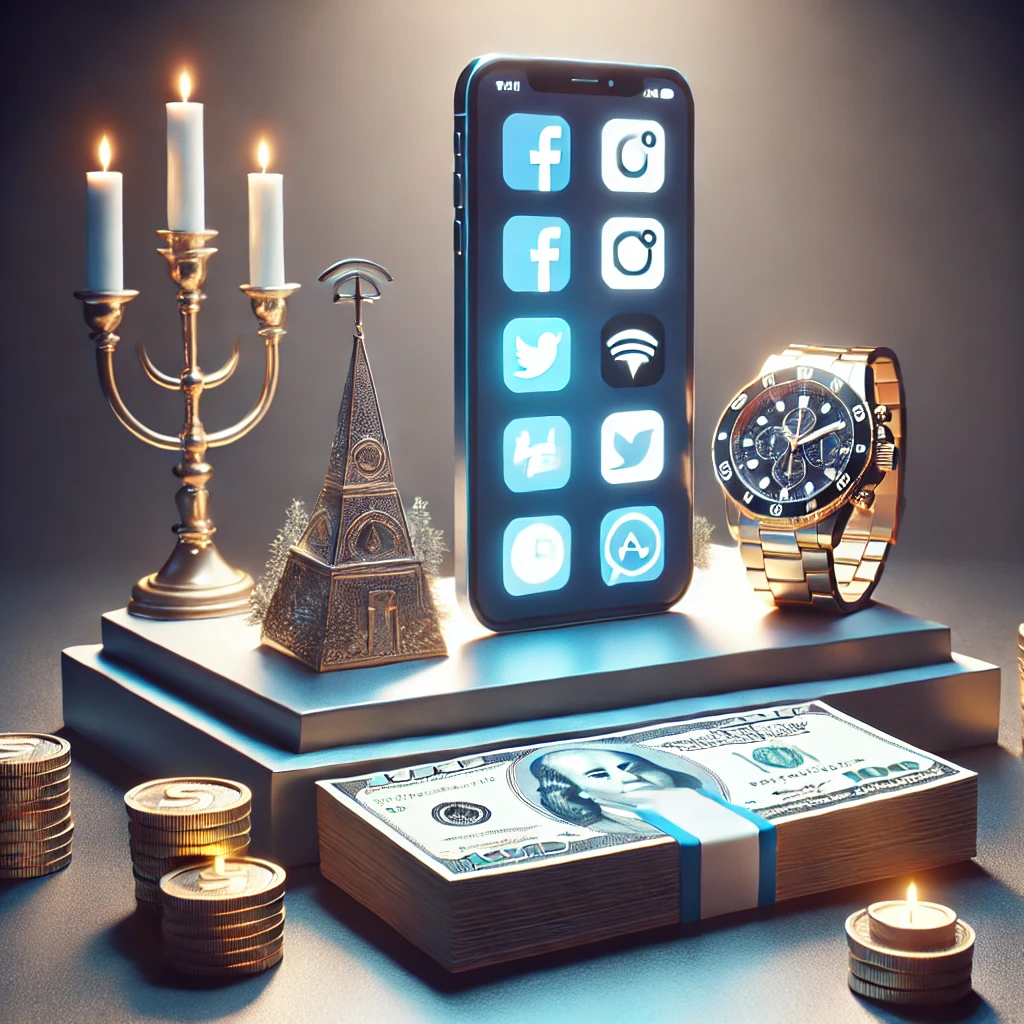 A glowing smartphone, social media icons, a gold watch, and stacks of money placed on an altar-like structure, symbolizing modern-day idolatry and misplaced priorities.