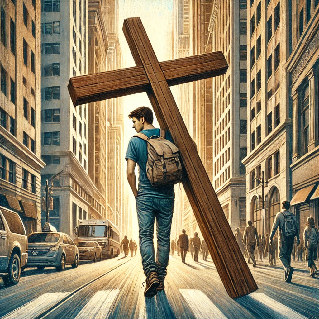 A painting-style image of a modern person carrying a wooden cross in a busy city street. The person is dressed in casual clothing, symbolizing the call to take up your cross and follow Jesus in today’s world, surrounded by tall buildings and urban life.