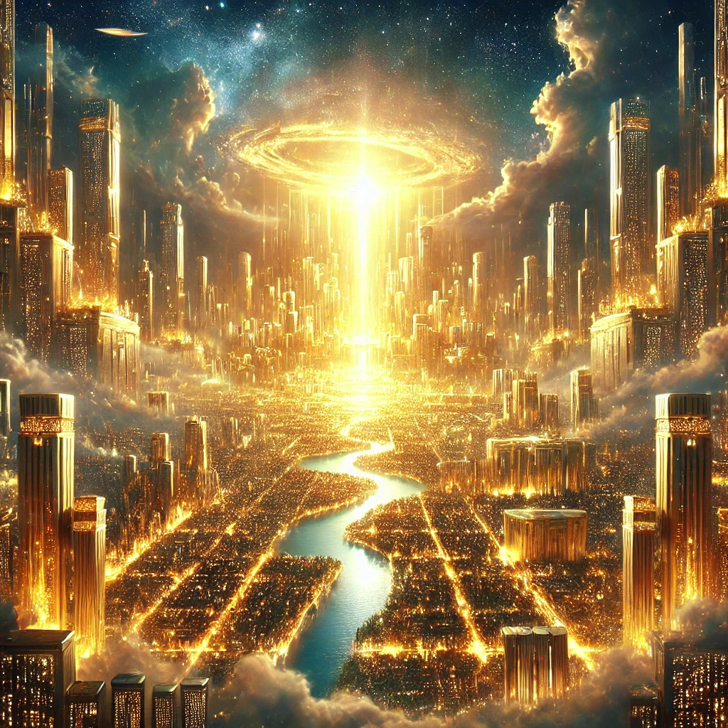 A breathtaking depiction of the New Jerusalem with glowing golden streets, pearly gates, and radiant light. The city is surrounded by majestic walls adorned with precious stones, symbolizing God's eternal promise of hope and peace.