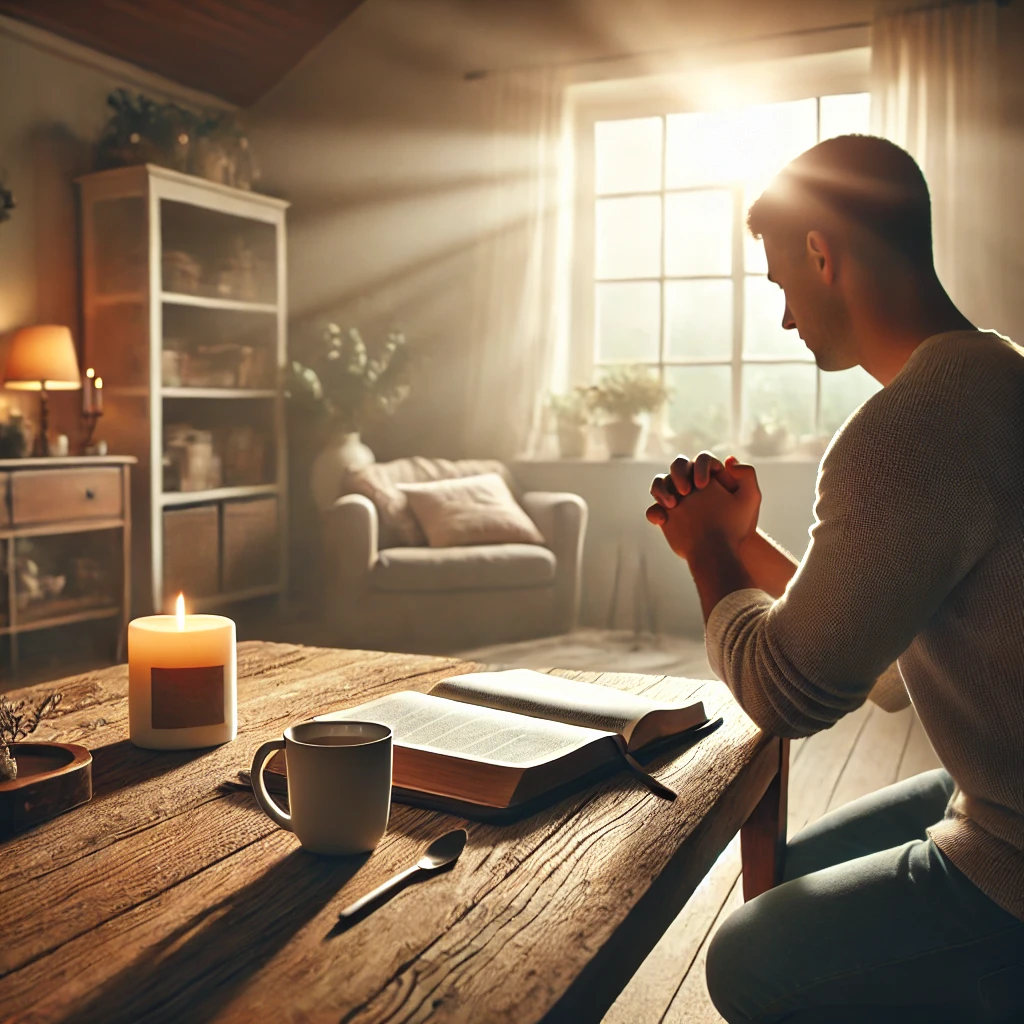 A serene image of a person kneeling in prayer with an open Bible on a wooden table. Soft natural light streams through a nearby window, creating a peaceful and reflective atmosphere, with a small candle and cup of tea adding warmth to the scene.