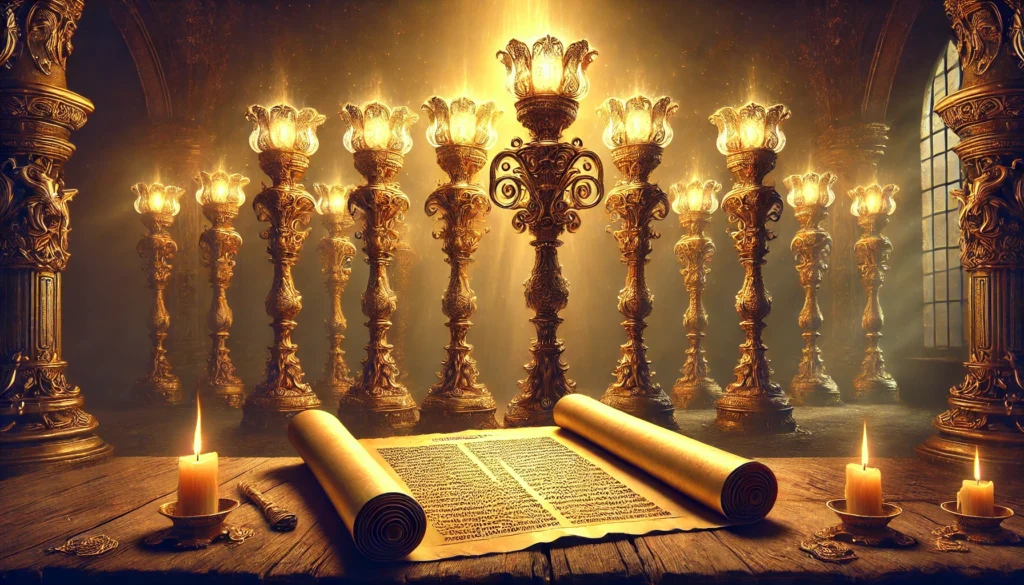 Symbolic image of the seven golden lampstands from Revelation 1, glowing warmly in an ancient setting, with an open scroll displaying intricate biblical text on a wooden table, evoking a sense of divine revelation.