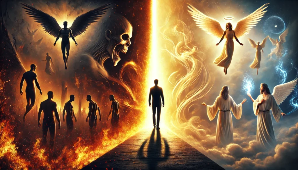 A powerful depiction of a person standing between two contrasting realities—one of darkness with fiery smoke and shadowy figures, and the other of divine light with angelic presence—symbolizing the spiritual battle between good and evil.