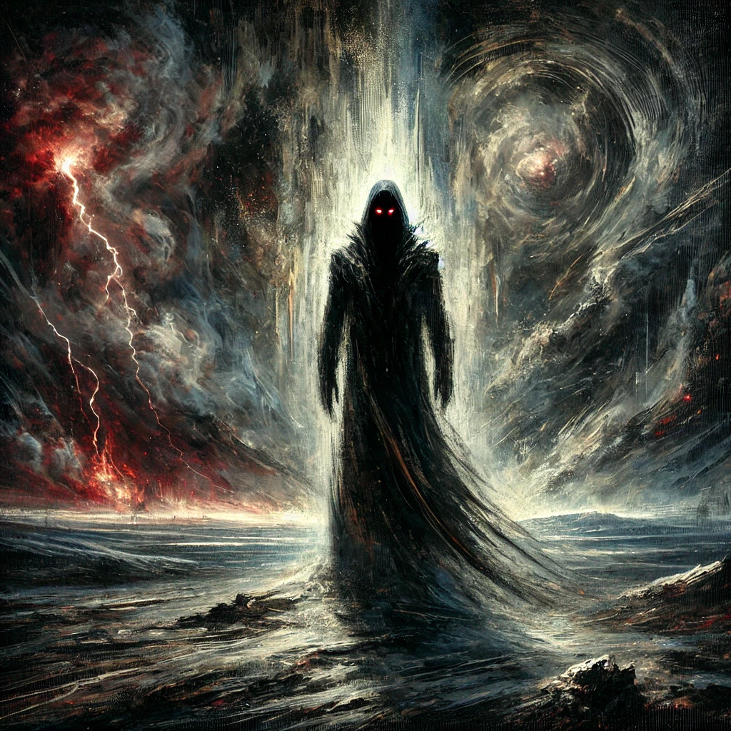 "A symbolic painting-style image of the Antichrist, featuring a shadowy figure with glowing red eyes on a desolate plain under a stormy sky. The apocalyptic background includes swirling clouds, lightning, and fire, creating a foreboding atmosphere.
