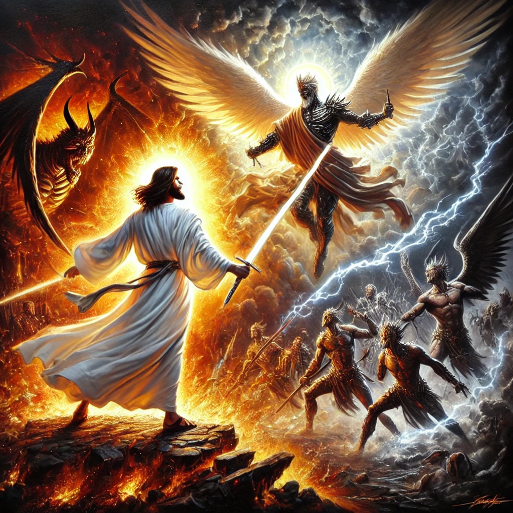 A dramatic painting-style image of the ultimate battle where the Antichrist is defeated. Jesus Christ, radiant in glowing white robes, wields a sword of light against a dark, ominous figure symbolizing the Antichrist. Angelic warriors clash with shadowy demonic forces in a fiery, apocalyptic landscape with storm clouds and lightning
