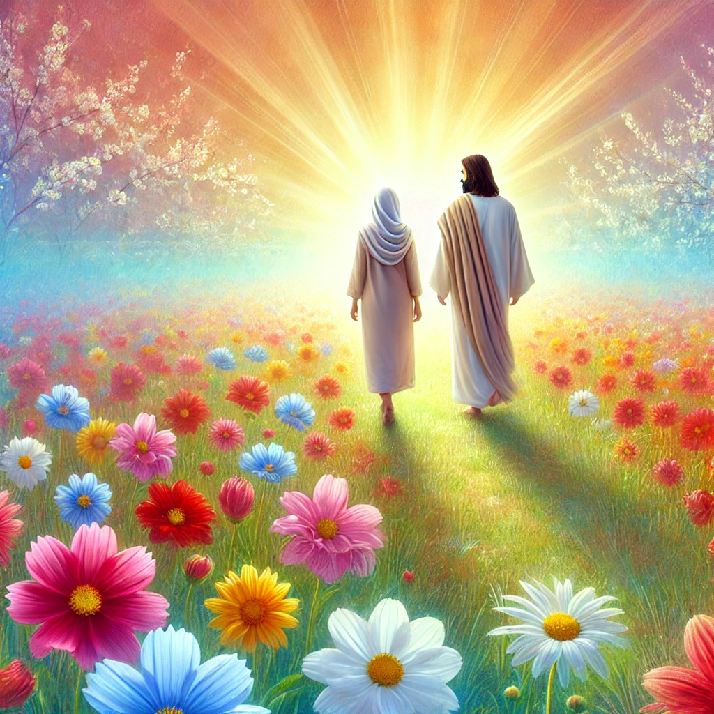 A serene and vibrant scene of a person walking with Jesus in a colorful field of flowers, symbolizing peace, joy, and spiritual guidance on a walk with Jesus.