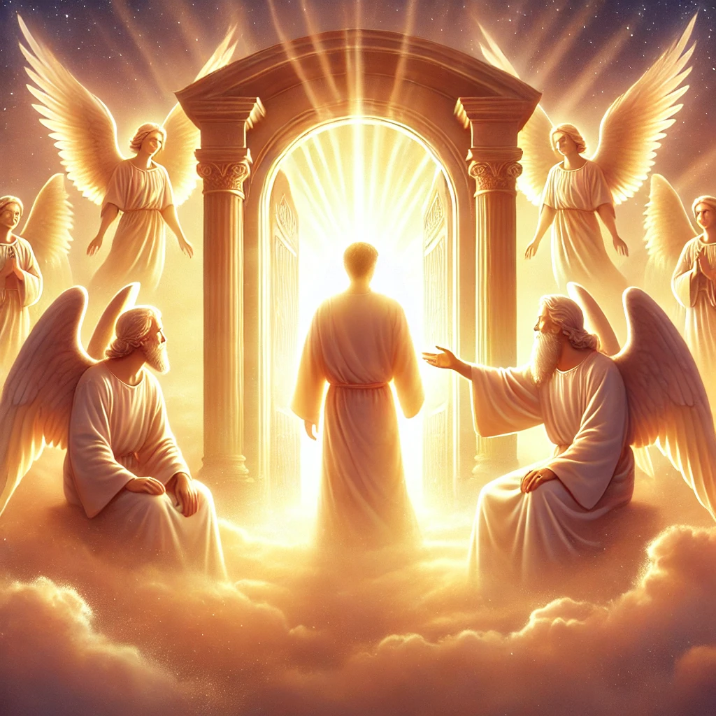 A serene heavenly scene illustrating who welcomes us in heaven, featuring angelic figures guiding a person through the gates in a warm and peaceful setting.