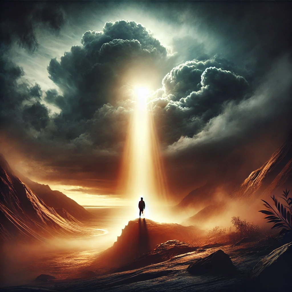 A dramatic image of a person standing in a stormy landscape with dark clouds overhead that represents suffering. A radiant beam of light breaks through the clouds, illuminating the figure and symbolizing hope, divine guidance, and faith amidst adversity.