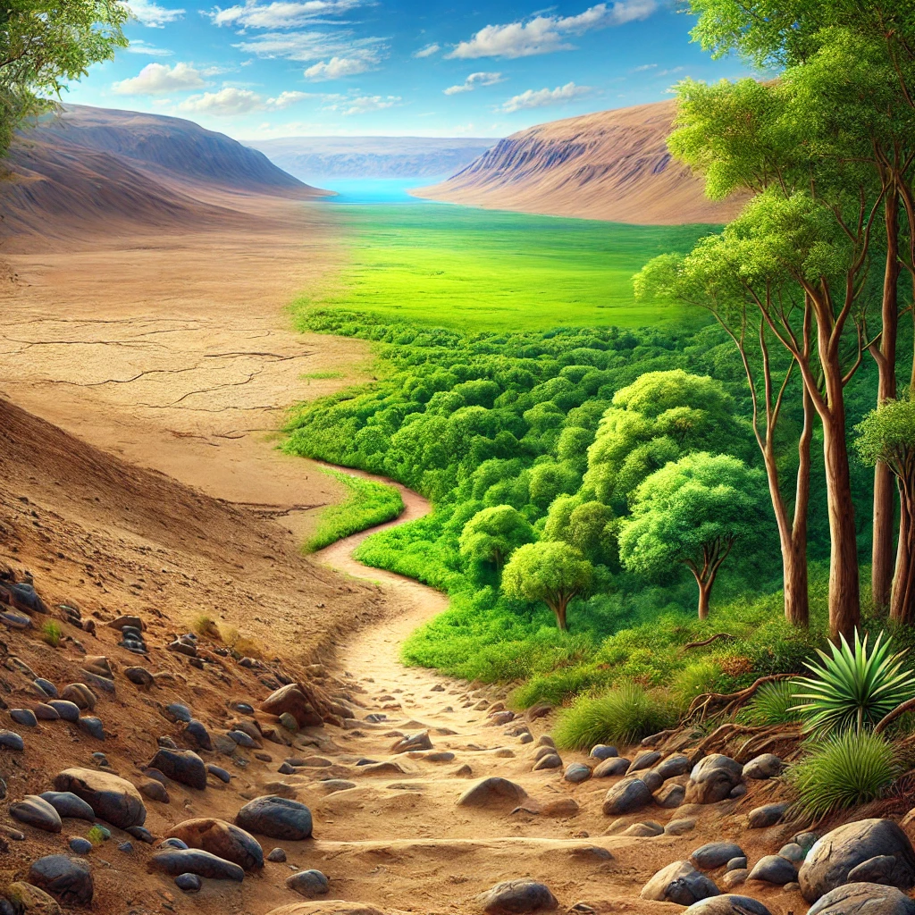 Why Was Moses Not Allowed to Enter the Promised Land? A desert path leading to lush greenery, symbolizing the transition to the Promised Land.