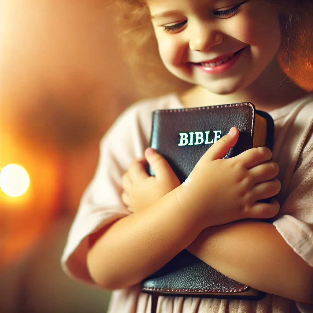 A young child smiling warmly while holding a Bible close to their chest, expressing joy and faith. The soft, warm lighting in the background symbolizes love, devotion, and a deep connection to scripture. Showing Faith in Children