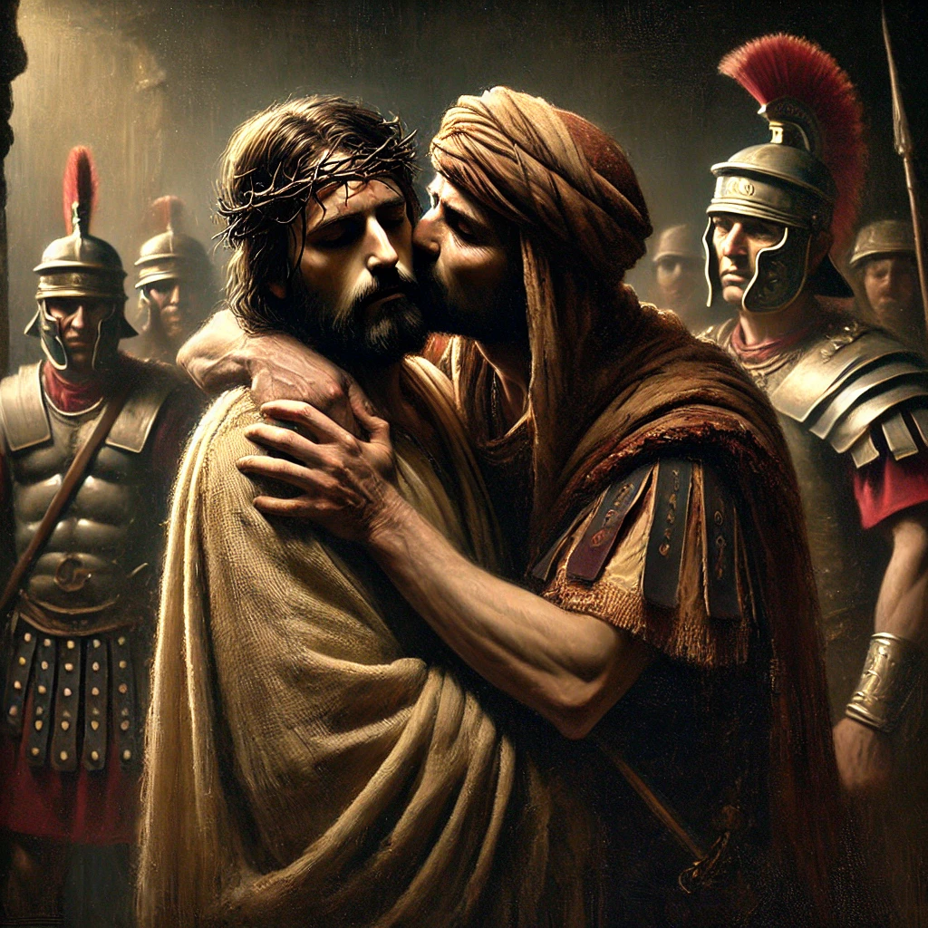 Oil painting of Judas betraying Jesus with a kiss on the cheek, featuring deep, textured brush strokes and dramatic lighting. Judas was one of the 12 disciples of Jesus