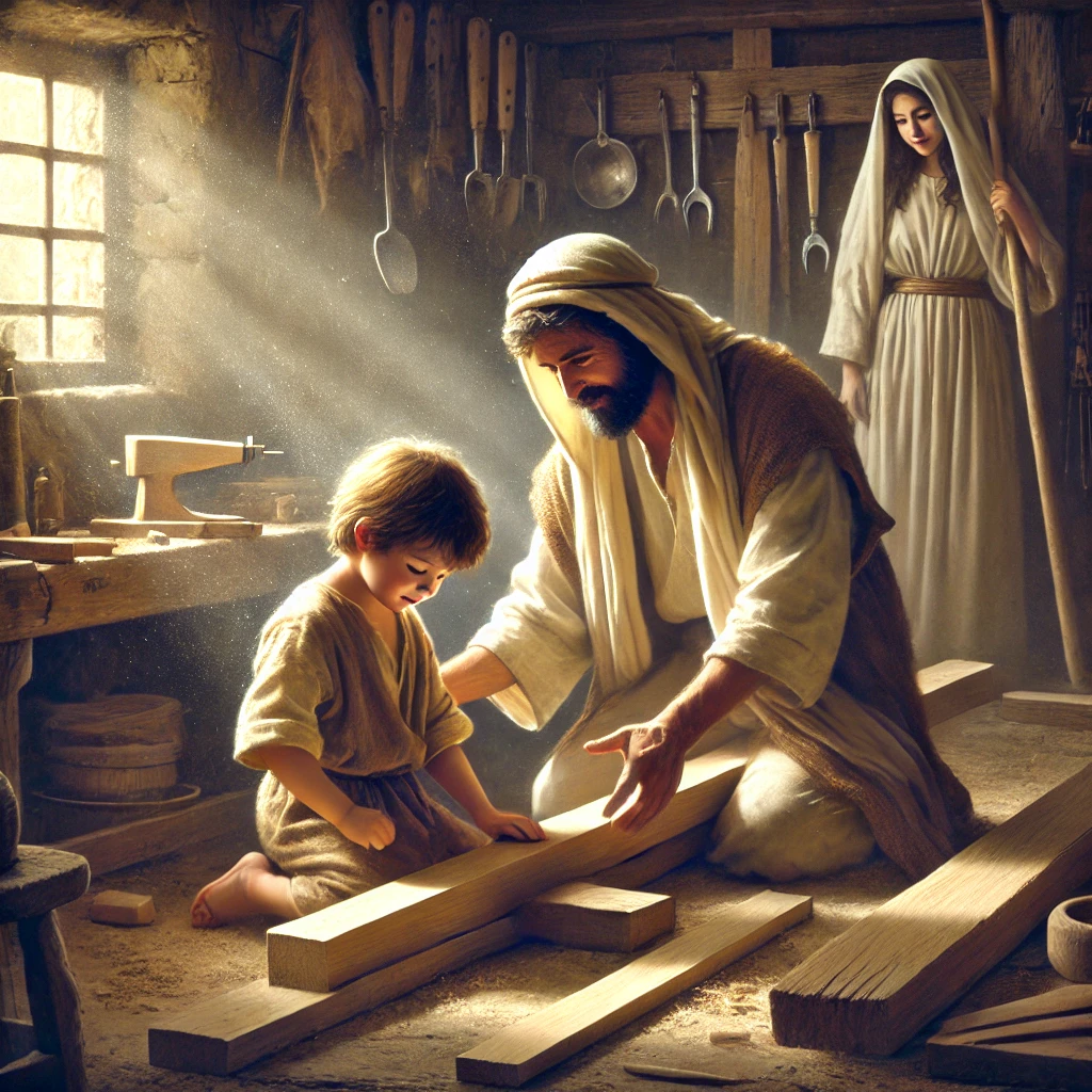 A heartwarming oil painting of young Jesus growing up as a carpenter’s son, depicting a 12-year-old Jesus working alongside Joseph in a humble workshop. Jesus, dressed in simple robes, holds a wooden plank as Joseph gently guides His hands, teaching Him the craft. Sunlight streams through the window, illuminating dust particles and symbolizing divine presence. Mary watches lovingly in the background. The workshop is filled with wooden tools and projects, reflecting the simplicity and warmth of Jesus’ early life. The painting uses deep, expressive brush strokes to capture the love and peacefulness of the scene.
