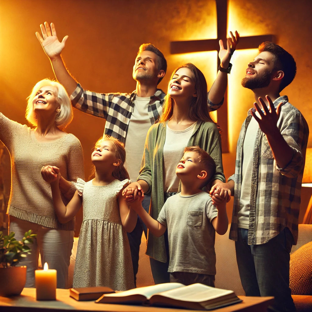 A Christian family worshiping together in a circle with raised hands, singing and praying in unity. The setting is a cozy home with warm lighting or a church with a cross in the background. A Bible is nearby, symbolizing their devotion, as they express faith, joy, and togetherness in worship.