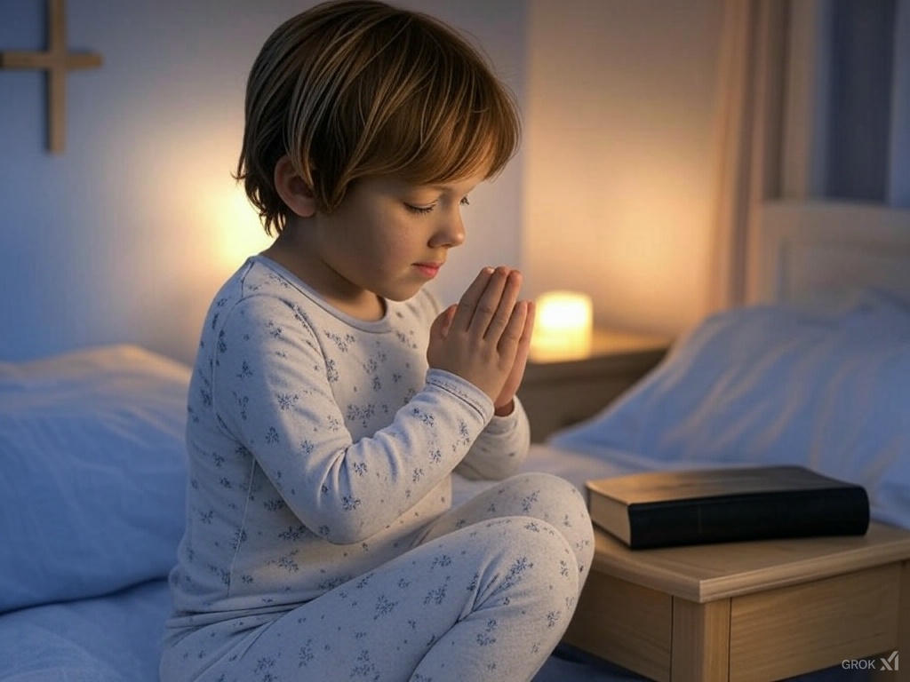 Christian parenting — a young child kneeling beside their bed in prayer, hands folded and eyes closed, with a soft nightlight glowing. The room features a cross on the wall and a Bible on the nightstand, creating a peaceful faith-filled atmosphere.