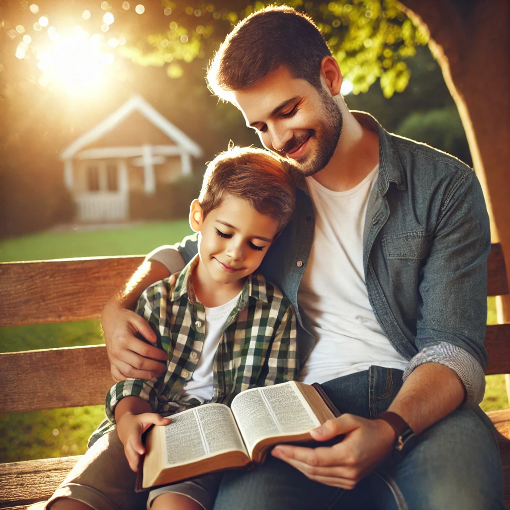 A father and son sitting together outside on a wooden bench, reading the Bible. The father gently guides his son through the scripture, both smiling and engaged. Sunlight filters through the trees in a peaceful park or backyard, reflecting faith, love, and spiritual guidance.