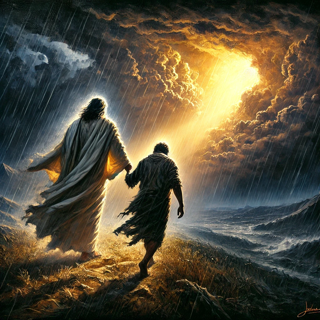 A powerful image illustrating how to follow Jesus through hard times, showing a weary person walking through a dark storm with Jesus leading them toward a light-filled horizon. The stormy landscape is filled with heavy rain and dark clouds, but Jesus’ presence radiates warmth and light, guiding them toward hope. The person appears tired but determined, symbolizing faith and perseverance through life's struggles. This scene powerfully represents trusting Jesus to lead the way even in the darkest moments.