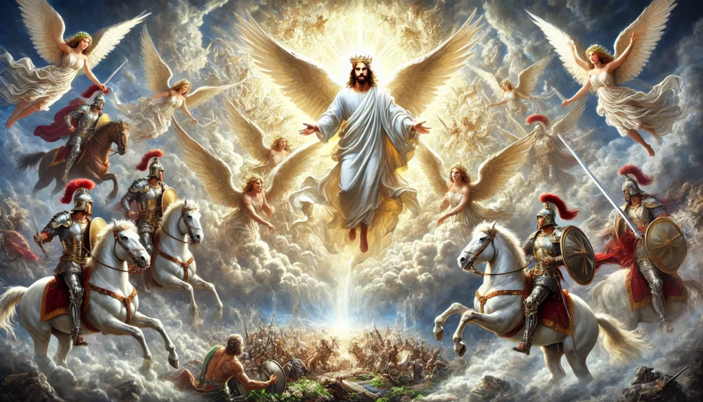 A majestic depiction of Jesus Christ descending on a white horse, surrounded by heavenly armies, breaking through the clouds of war, with divine radiance above and a battle-torn earth below, symbolizing the final battle of Revelation