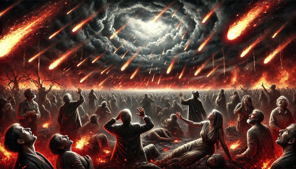 A dramatic scene of a crowd looking up in fear as fire and meteors rain down from a dark, ominous sky, casting a red glow over the terrified onlookers, symbolizing the chaos of the Great Tribulation.