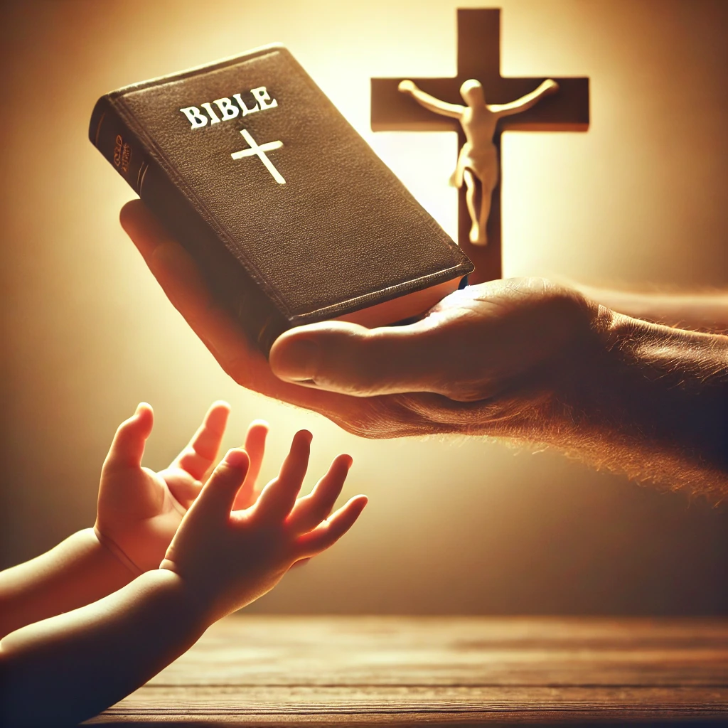 A symbolic image of faith being passed down through generations, showing adult hands holding a Bible and a wooden cross while a child's hands reach up to touch them. The warm, golden lighting evokes a sense of spiritual connection and Christian values.