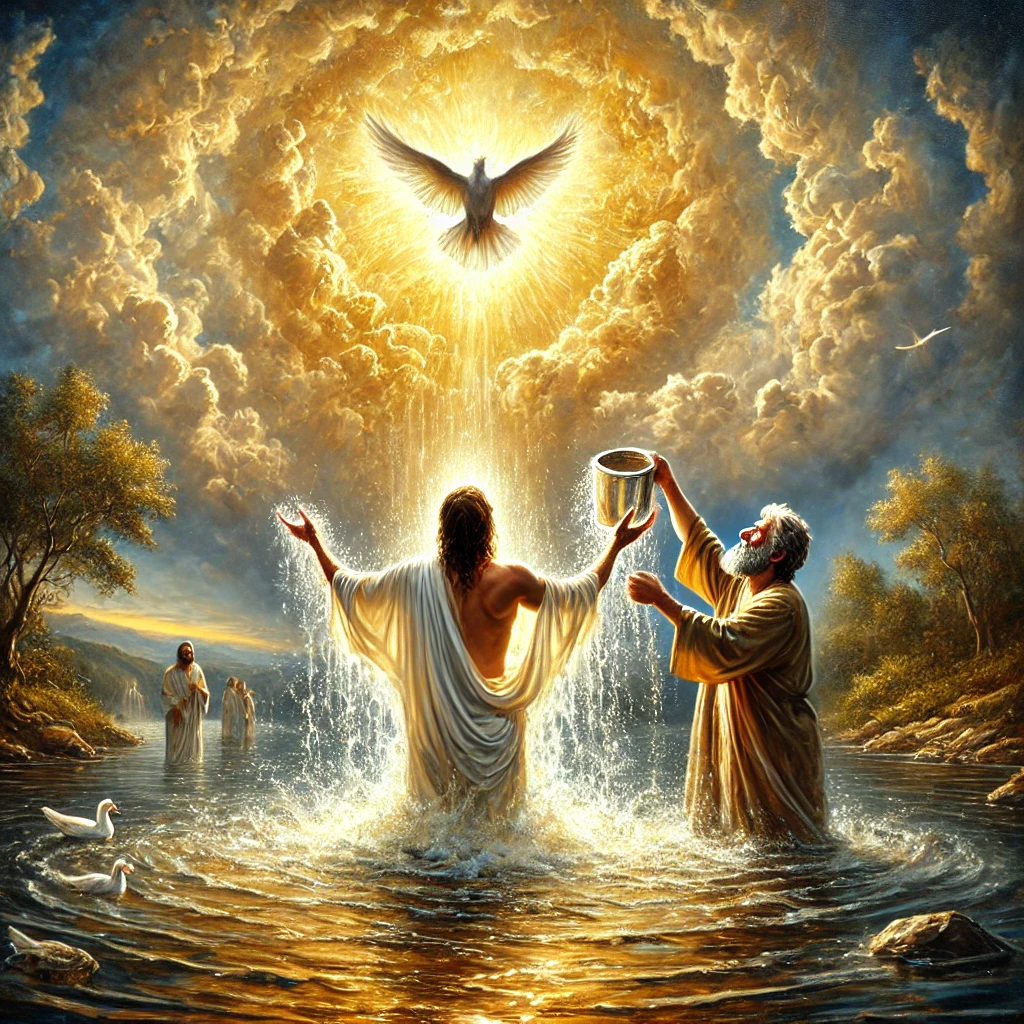 A breathtaking oil painting of the baptism of Jesus, capturing the moment the Holy Spirit fills Him. Jesus stands waist-deep in the Jordan River, hands open in surrender, as John the Baptist pours water over His head. Above, the heavens open with radiant golden light, and a dove descends upon Him, symbolizing the Holy Spirit. The scene is bathed in divine glory, reflecting His sacred mission. This image beautifully represents the question, "Who is Jesus?", showcasing His anointing and divine calling