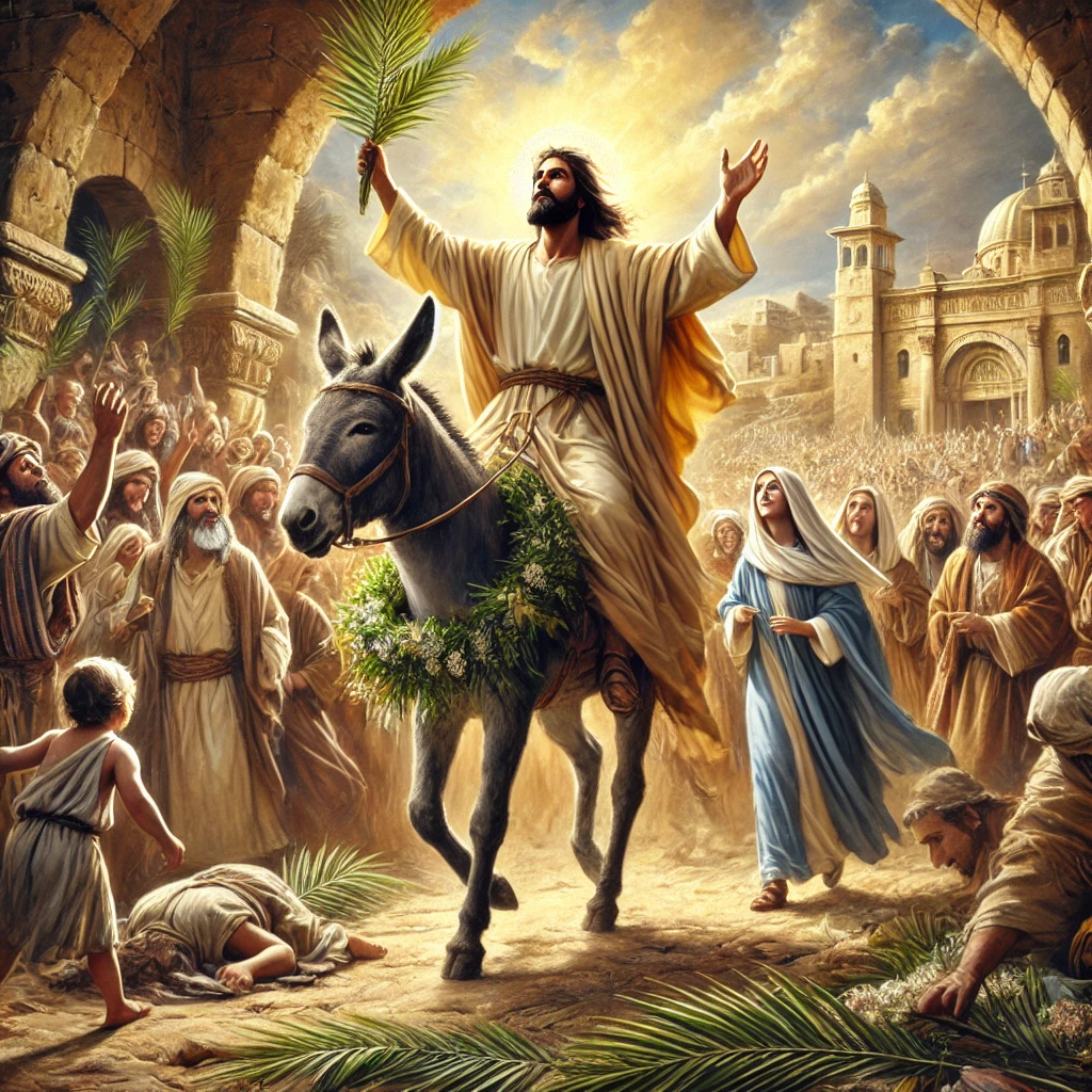 A beautiful oil painting of Palm Sunday, depicting Jesus' triumphal entry into Jerusalem. Jesus, dressed in a flowing robe, rides on a donkey through the city gates as a joyful crowd waves palm branches in celebration. People of all ages, including children, lay cloaks on the ground before Him. The background features ancient stone buildings and a golden sky, symbolizing the sacredness of the moment. The painting captures the warmth, reverence, and excitement of Jesus' ministry in a classic oil painting style. 