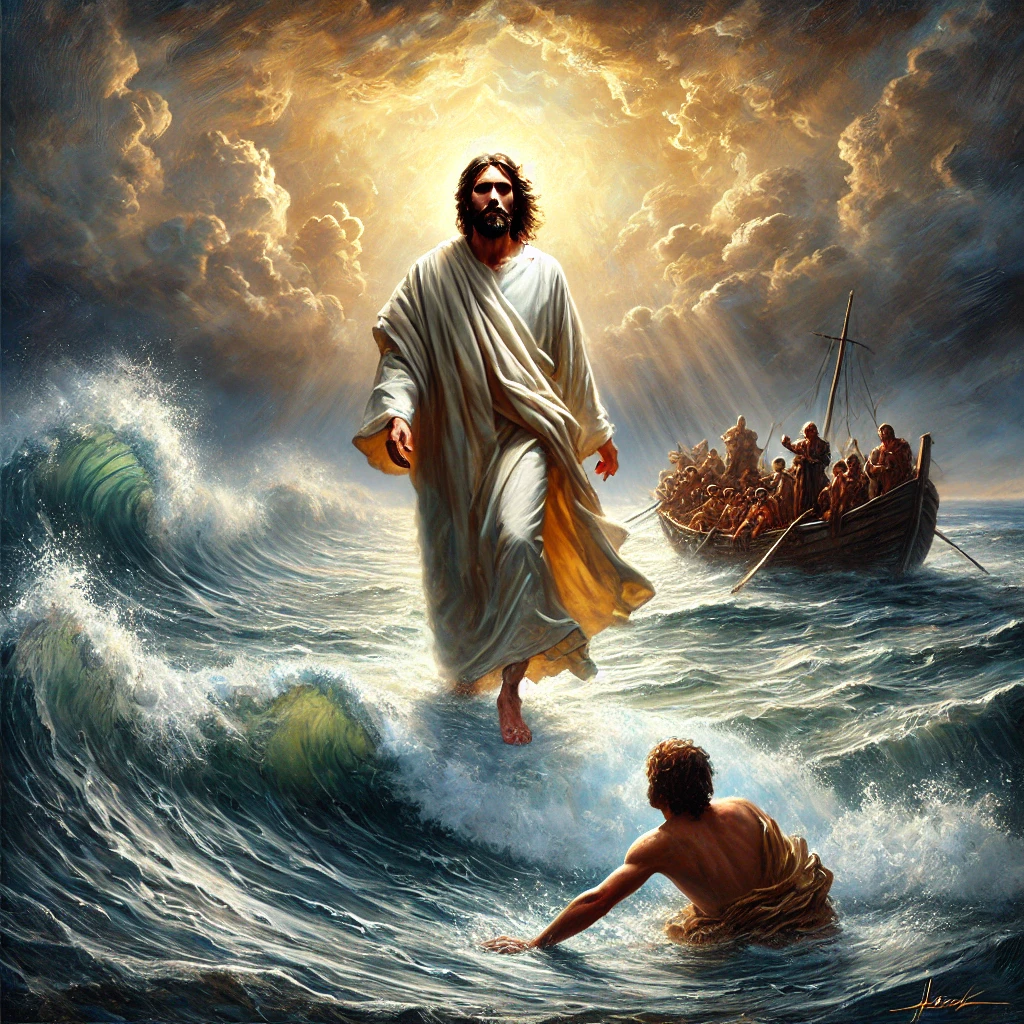 A breathtaking oil painting of Jesus performing the miracle of walking on water. Jesus, dressed in a flowing white robe, walks calmly across the stormy sea, His feet gently touching the waves. Radiant light surrounds Him, contrasting with the dark, churning waters. In the distance, a boat with frightened disciples battles the waves, while Peter reaches out toward Jesus, beginning to sink. A break in the stormy clouds allows golden light to shine down on Jesus, highlighting this miraculous moment. The scene is depicted with deep, expressive brush strokes, capturing the awe and divine power of the miracle.