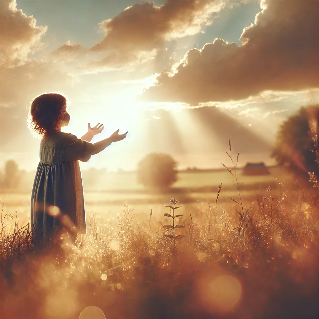 A young child standing in an open field, reaching toward the sky with both hands as sunlight streams down. The golden light creates a peaceful, faith-filled atmosphere, symbolizing Matthew 19:14, 'Let the little children come to me,' reflecting innocence, faith, and divine presence