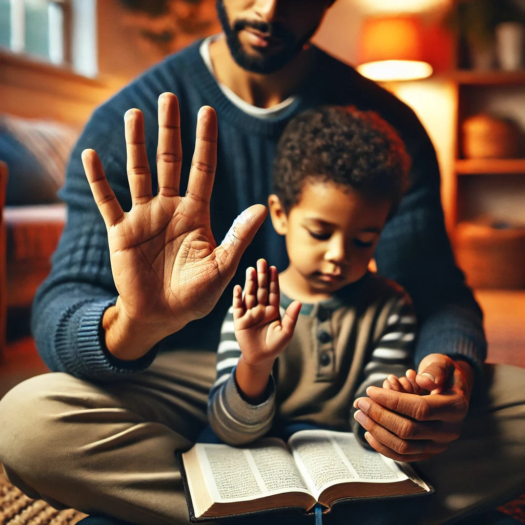 A parent sitting with their child, demonstrating the 5-Finger Prayer Model by pointing to the fingers on their own hand. The child watches with curiosity in a cozy, faith-filled home, with an open Bible resting on the table nearby.