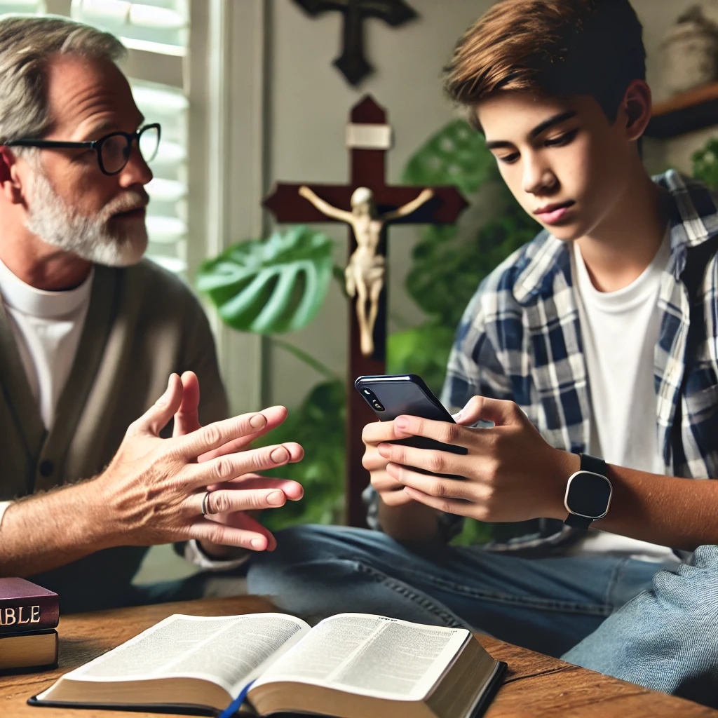 A Christian parent sitting with their teenager, having a calm conversation about healthy phone use. The teen holds a smartphone while the parent gently explains the importance of balance. An open Bible and a cross in the background symbolize faith-based guidance for modern parenting challenges