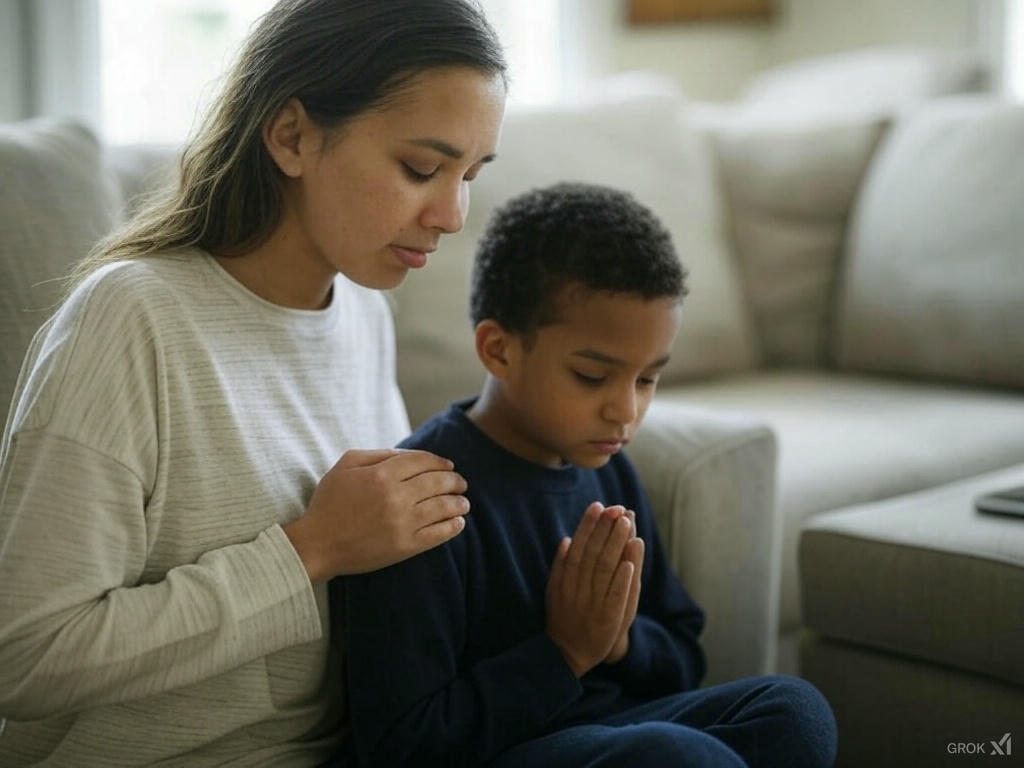 Parent and child praying over tech - raise prayer warrior kids today