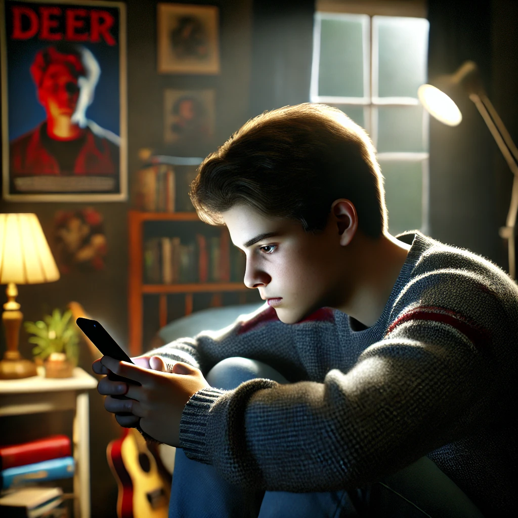A teenager sitting alone in their dimly lit bedroom, deeply engrossed in their smartphone. The soft glow from the screen highlights their face, reflecting emotional struggle, social pressure, or inner conflict. The cluttered room with books and posters symbolizes the challenges of adolescence.